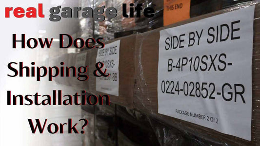 How Does Shipping and Installation Work text over stacked shipping boxes in a warehouse illustrating shipping and installation process