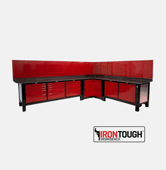IronTough™ 2x3 Ultimate Corner Workbench with red drawers and black frame, heavy-duty steel construction, and multiple storage bays for tools.