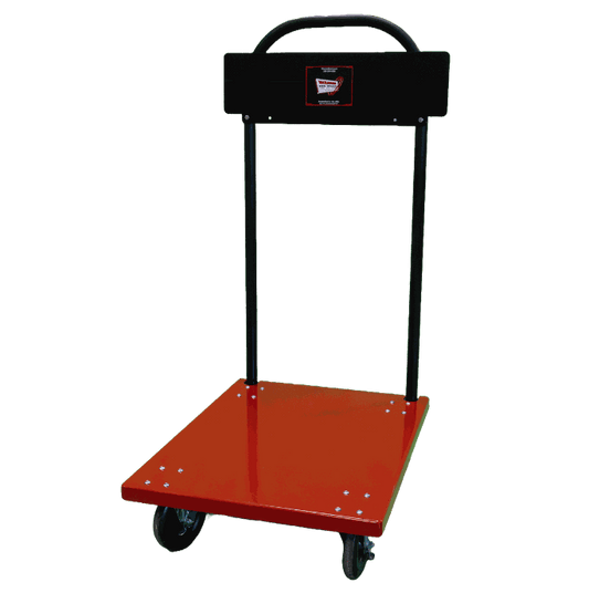 Compact red and black tire trolley with steel frame and four casters for easy tire and heavy item transport