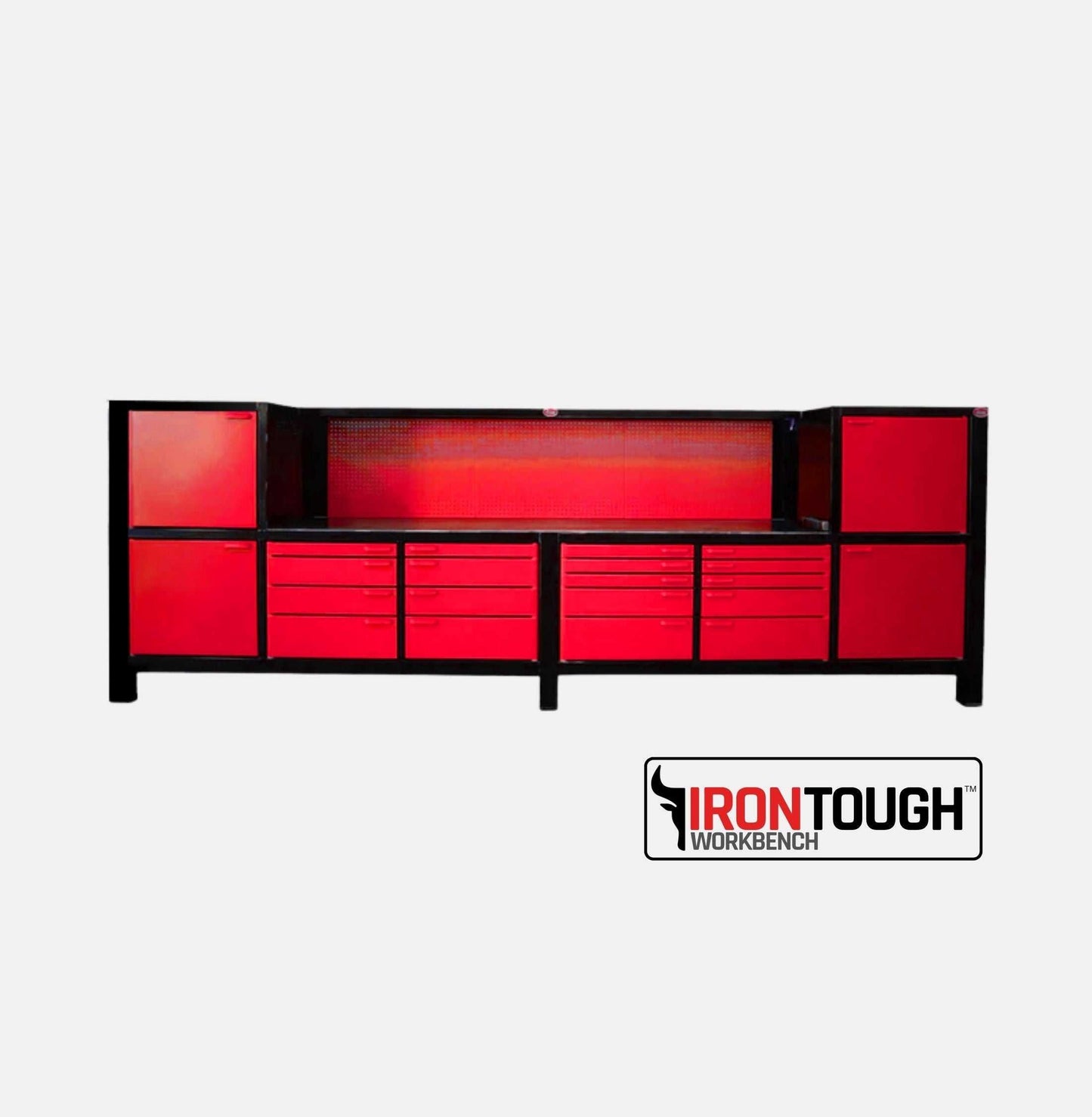IronTough 8 Bay Space Saver Workbench with red drawers and black frame, heavy-duty steel construction, compact durable workspace organizer