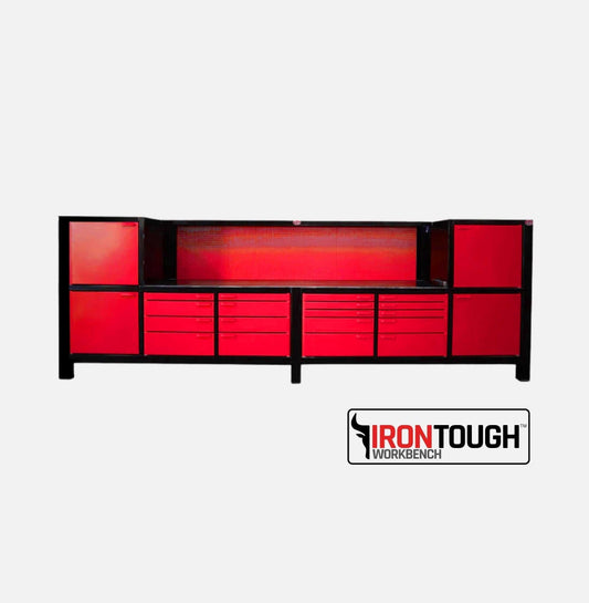 IronTough 8 Bay Space Saver Workbench with red drawers and black frame, heavy-duty steel construction, compact durable workspace organizer