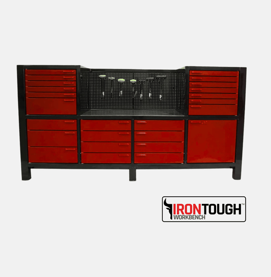 IronTough 6 Bay Space Saver Workbench with red drawers and black frame, heavy-duty steel construction with pegboard and storage bays.