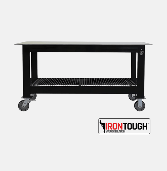 IronTough™ 3X6 Welding Table with hot rolled steel top, powder-coated frame, heavy-duty wheels, and bottom storage shelf