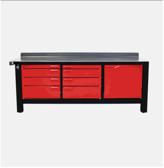 IronTough™ 3 Bay Workbench with red drawers and black powder-coated steel frame, heavy-duty and durable.