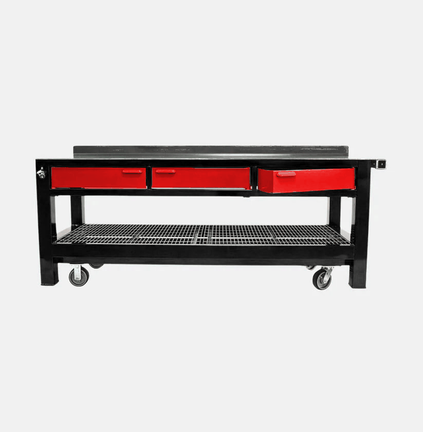 IronTough 3 Bay SD Workbench with red drawers, black steel frame, heavy-duty workbench with storage and wheels