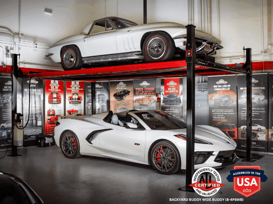 Backyard Buddy Wide Buddy 8,000 lbs 4-post car lift with vintage and modern sports cars in garage