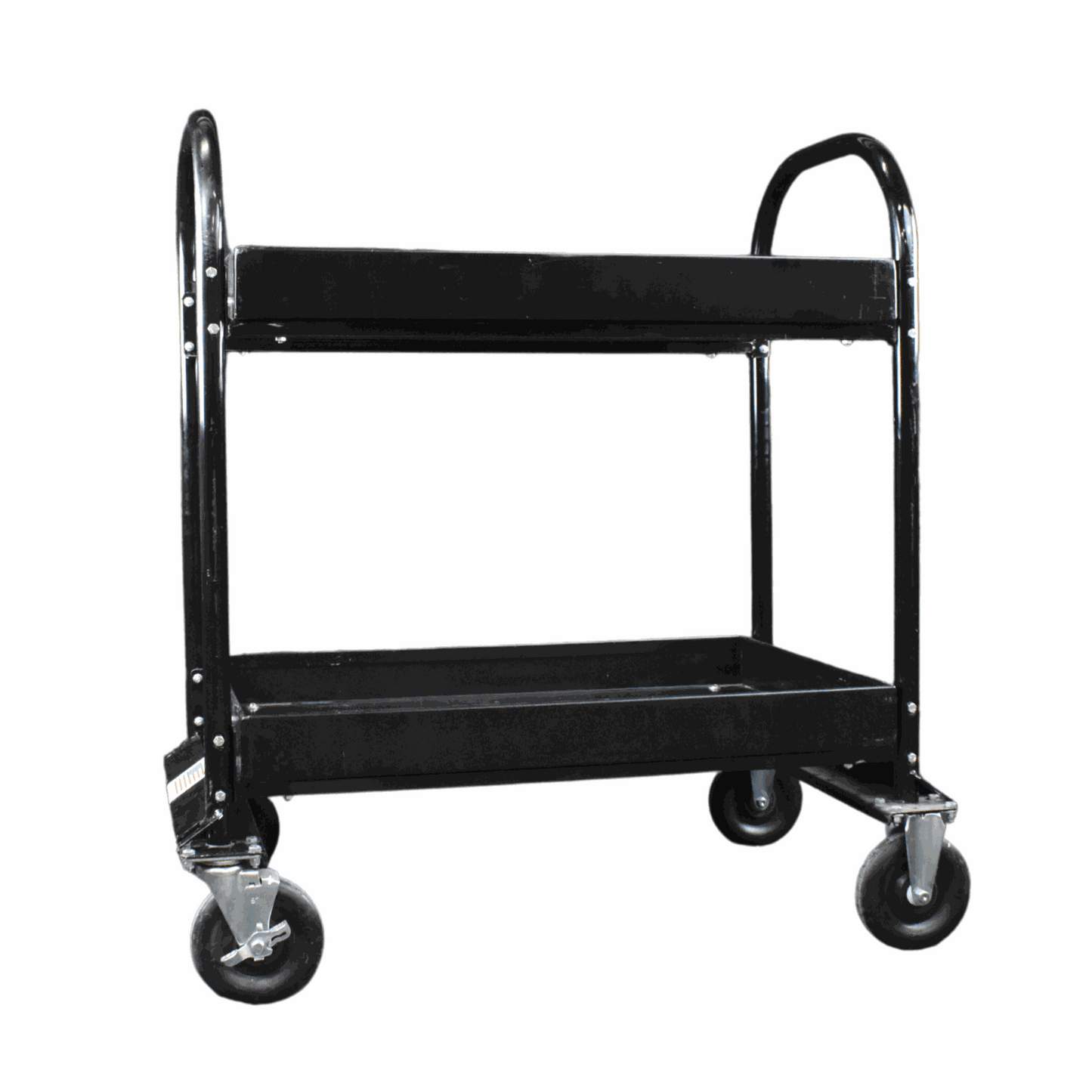 Heavy-duty black Industrial Strength Utility Cart with two shelves and four wheels for heavy loads up to 1200 lbs