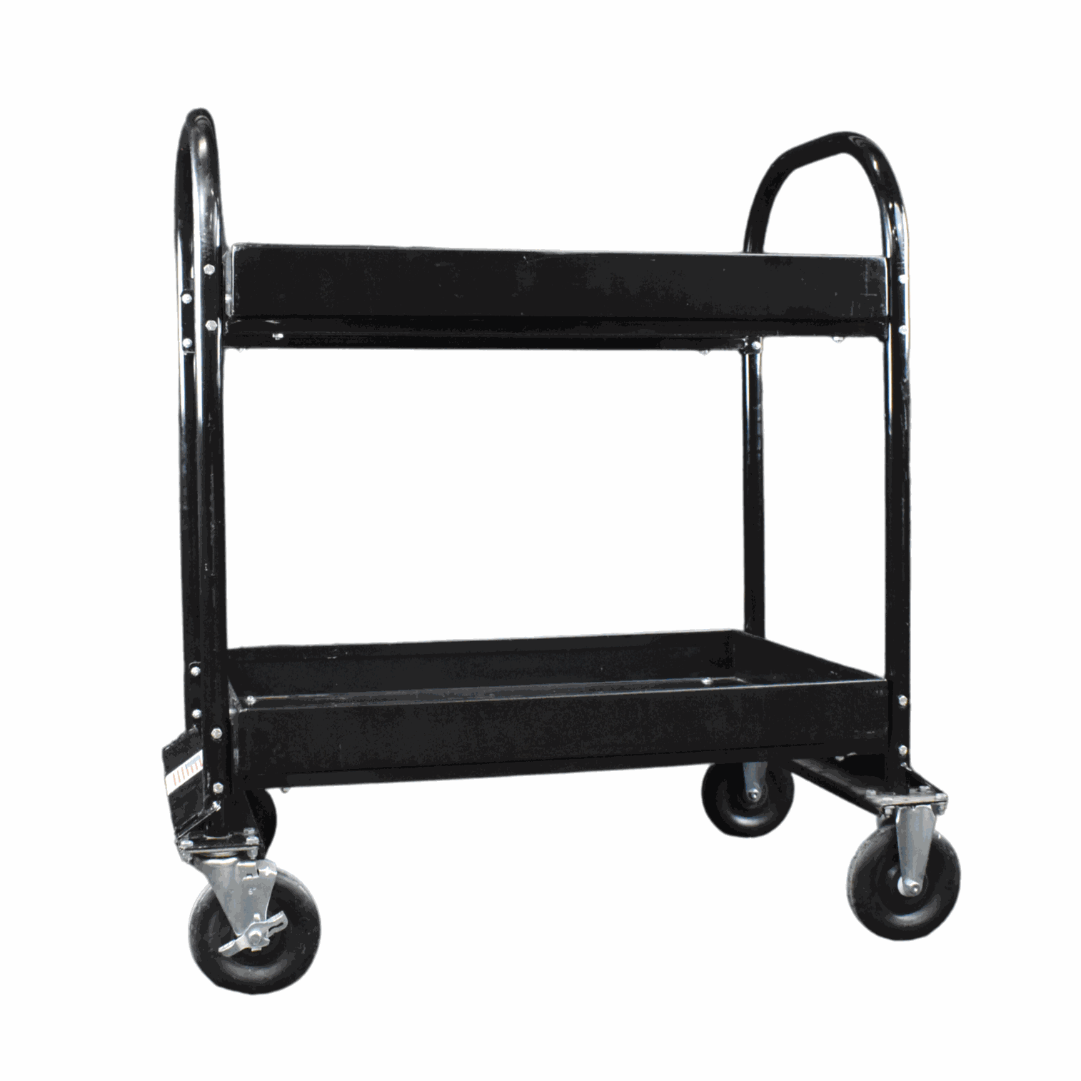Heavy-duty black Industrial Strength Utility Cart with two shelves and four wheels for heavy loads up to 1200 lbs