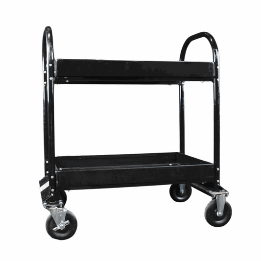 Heavy-duty black Industrial Strength Utility Cart with two shelves and four wheels for heavy loads up to 1200 lbs