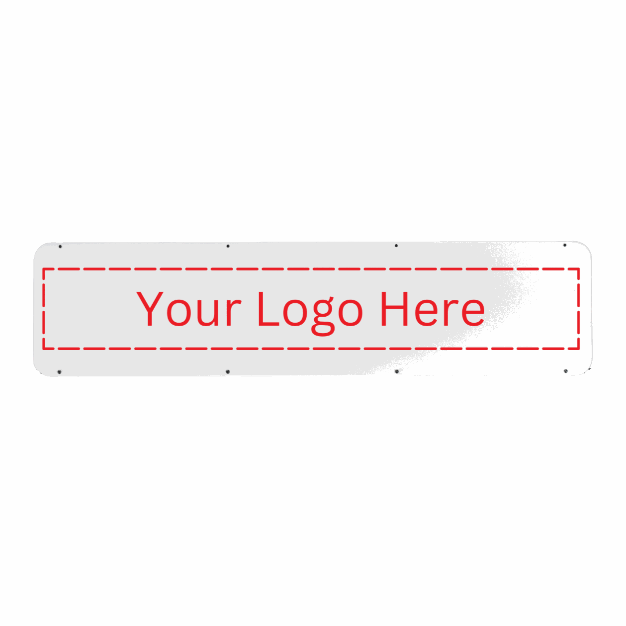 White customizable sign for tire storage racks with "Your Logo Here" placeholder
