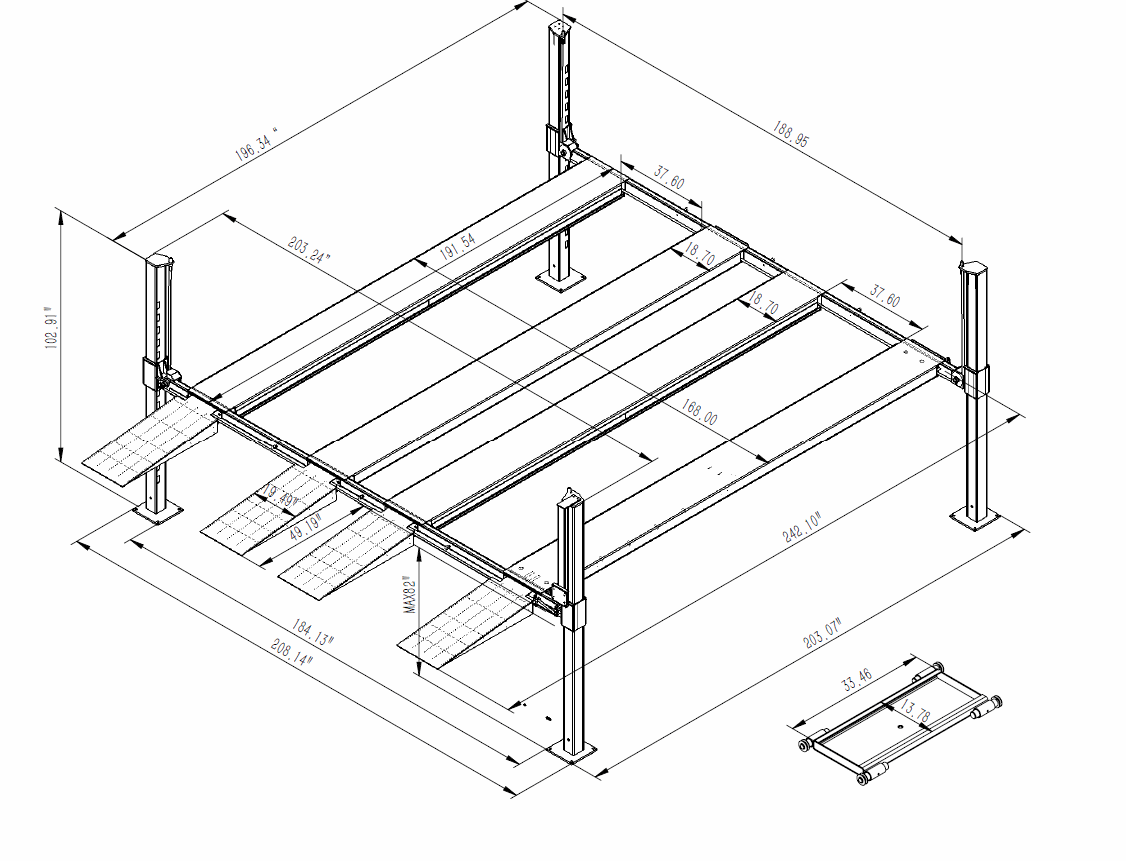 Advantage Side by Side double vehicle 4-post car lift with 10,000 lbs capacity and aluminum ramps in garage