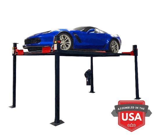 Backyard Buddy Classic extra tall 4-post car lift with blue sports car on top and USA assembled badge