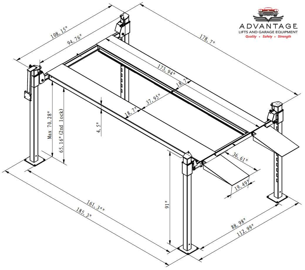 Advantage DX-9000-HD CAD drawings of a car lift with measurements