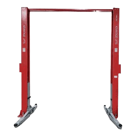 Advantage AL-12C 2-post lift with truck elevated in garage.