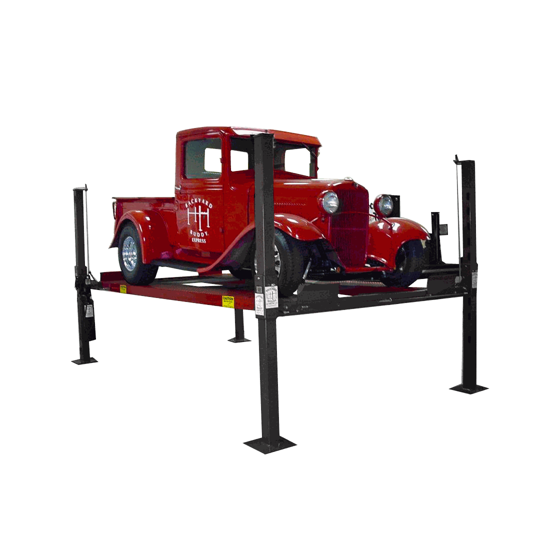 7,000 lbs Backyard Buddy Classic 4-post lift with two red cars in garage.