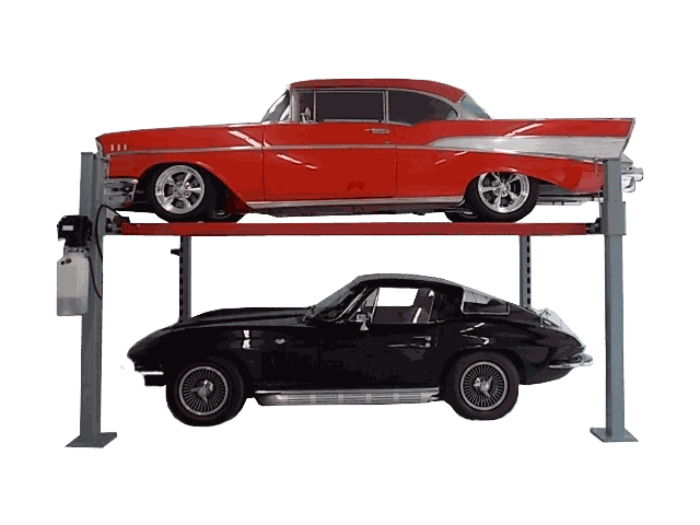 Advantage DX-9000-HD A cut out photo of an old red car on top of a car lift with an old black car under it.