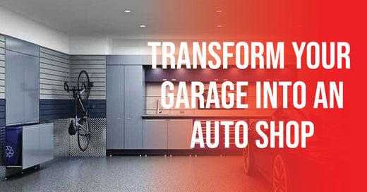 Modern garage transformed into a functional auto shop with car lift and workshop equipment