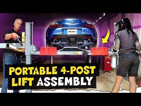 Portable Advantage 4-Post Lift in use with two people assembling and a blue sports car lifted in a garage