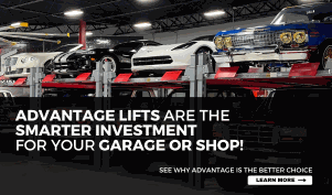 Car lifts in a professional garage featuring Advantage Lifts with sturdy four-post design for vehicle maintenance and repair.
