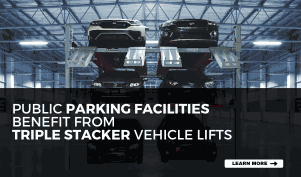 Public parking facility with triple-stacker vehicle lifts maximizing space and efficiency.