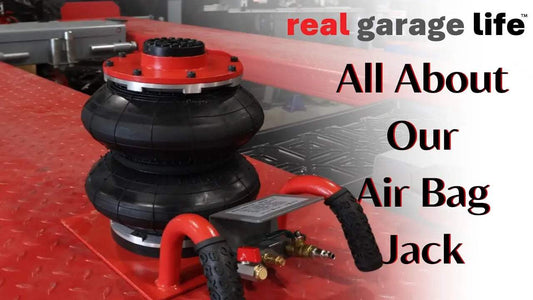 Advantage Air Bag Jack on red surface with real garage life logo and product title text