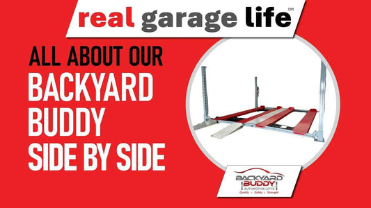 Backyard Buddy Side by Side garage storage system with red slats and metal frame on white background