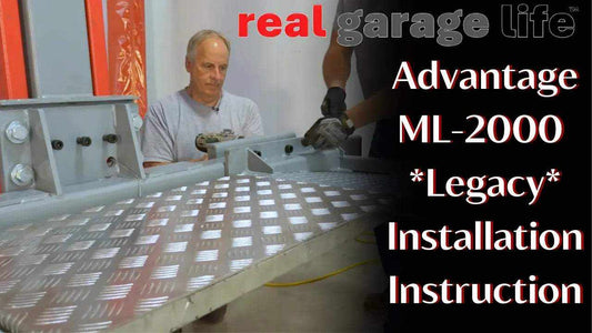 Man assembling Advantage Legacy ML-2000 single-post lift with installation instructions text
