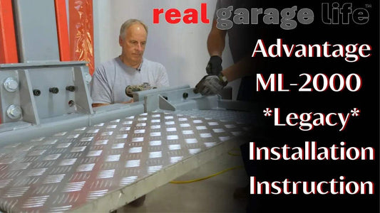 Man assembling metal platform for Advantage Legacy ML-2000 single-post installation with real garage life branding text