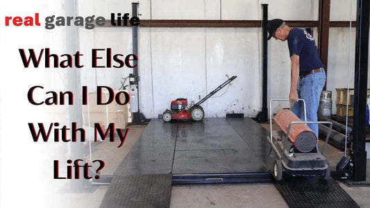Man inspecting garage lift platform with tools and equipment nearby titled What Else Can I Do With My Lift?