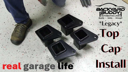 Backyard Buddy Legacy Top Caps for automotive lift installation on garage floor