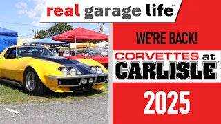 Yellow Corvette at Corvettes at Carlisle 2025 event with red tents in background