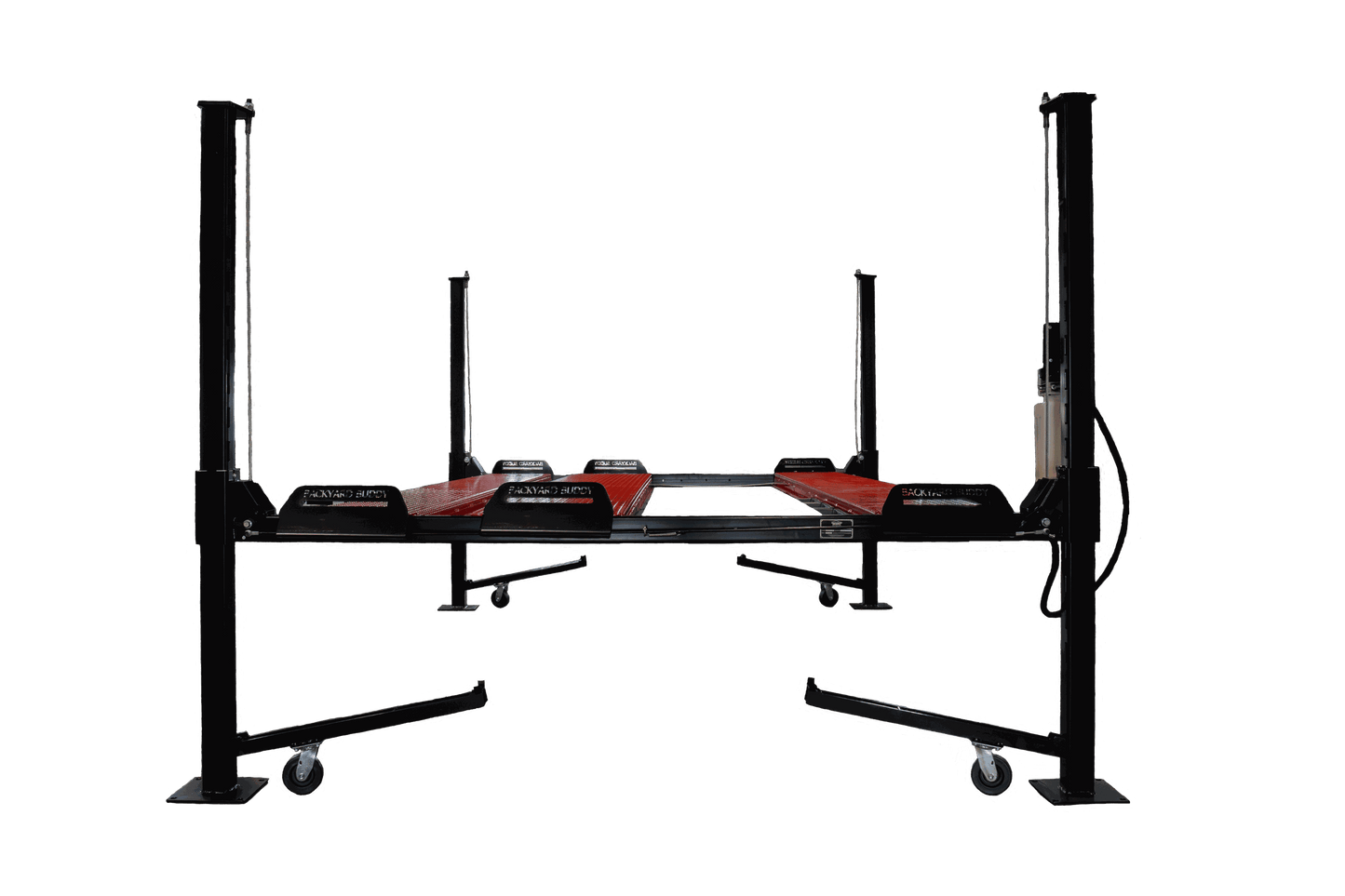 Backyard Buddy Multi-Lift 8,000 lbs 4-post lift for cars in black and red.