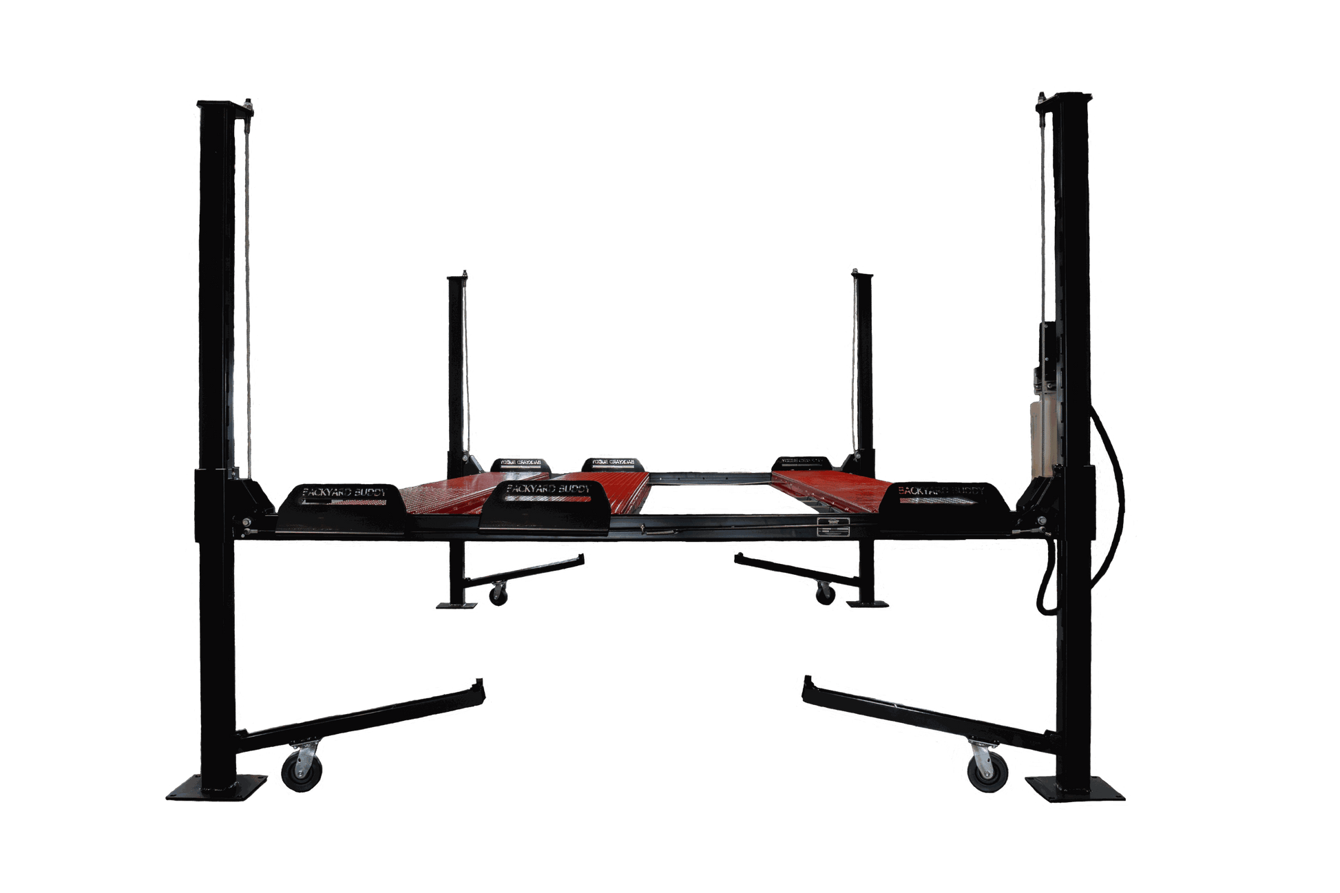 Backyard Buddy Multi-Lift 8,000 lbs 4-post lift for cars in black and red.
