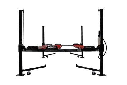 Backyard Buddy Multi-Lift 8,000 lbs 4-post lift for cars in black and red.
