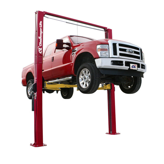 Challenger Lifts LE12 12K 2-post automotive lift with adjustable height and symmetric arms lifting red truck