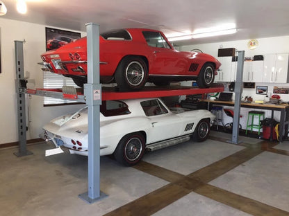 Two beautiful Corvettes being stored on Advantage's 9,000 Pound Heavy Duty 4-Post Lift