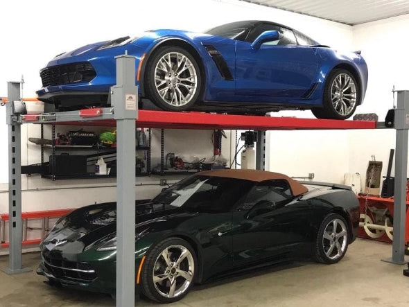 Pair of Corvettes safely and conveniently stored on the heavy duty 4-post lift